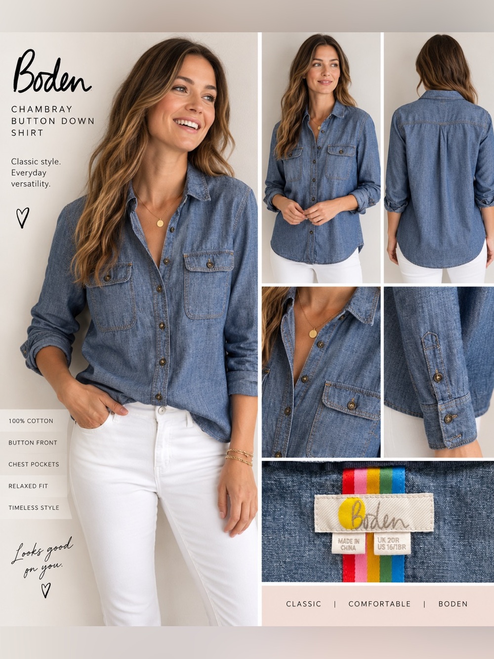 Boden Chambray Button Down Shirt Blue Cotton Rainbow Trim Women’s US 16/18R